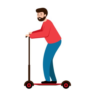 Sakallı bir mutlu bir adam ile bir scooter gidiyor. Sakallı adam bir scooter sürme. 