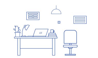 Modern ofis iç. İşyeri: Masa, sandalye, dizüstü bilgisayar, Masa lambası, posterler.