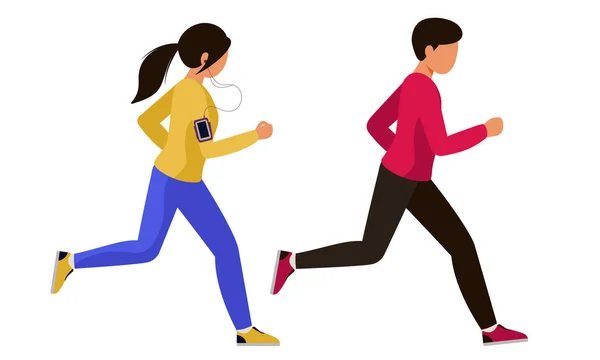 A guy with a girl in tracksuits went for a run. A couple of a man and a woman doing sports together. — Stock Vector