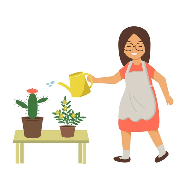 Mujer regando flores con agua de una regadera. La niña se encarga de las plantas caseras, flores en macetas . — Vector de stock