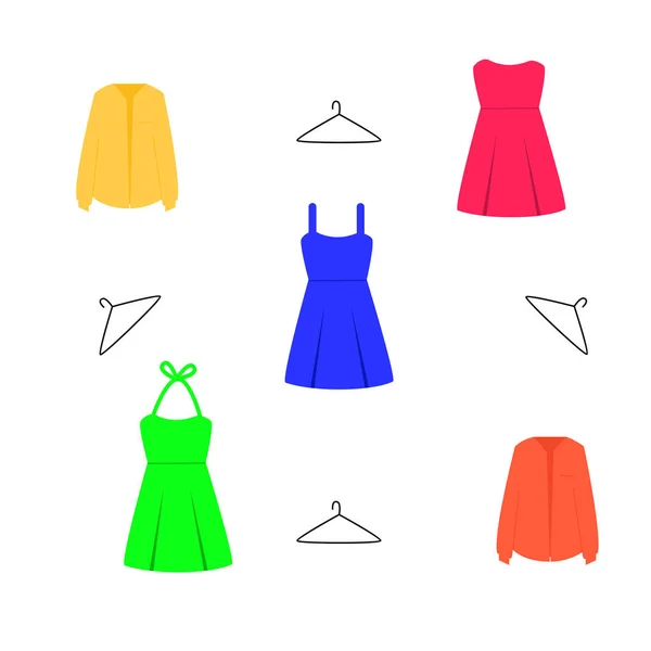 Kolorowe sukienki, koszula, ubrania dla kobiet, wieszaki na ubrania. Szafa, stroje dla dziewczynki. — Wektor stockowy