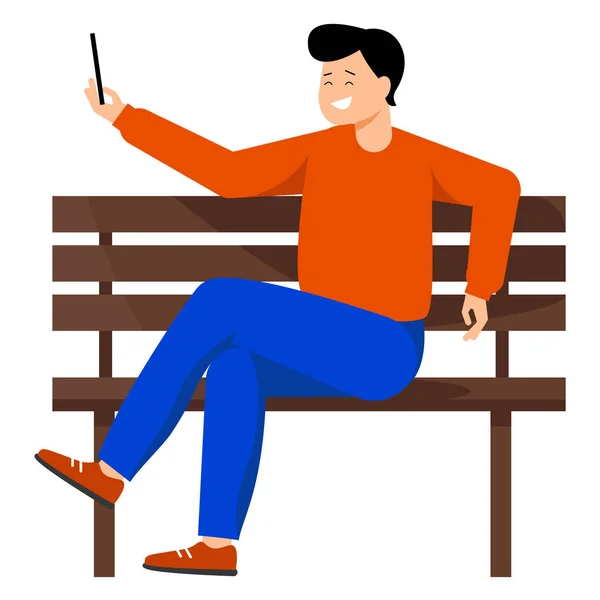 Nuori mies ottaa selfien. Hän istuu penkillä ja pitelee puhelinta kädessään. Mies hymyilee ja ottaa kuvia itsestään. — vektorikuva