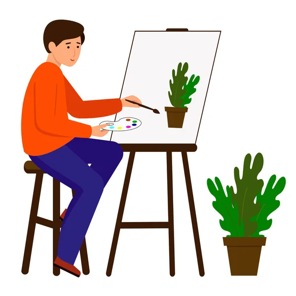 Zeichnet ein Mann ein Bild. Der Künstler hält Pinsel und Farbe in der Hand. die Figur sitzt an der Staffelei. — Stockvektor