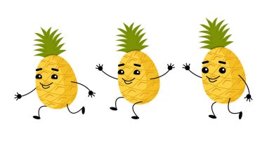 Farklı pozlar sevimli komik karakter ananas. Karakter meyve çalışır, dans, elini sallayarak.
