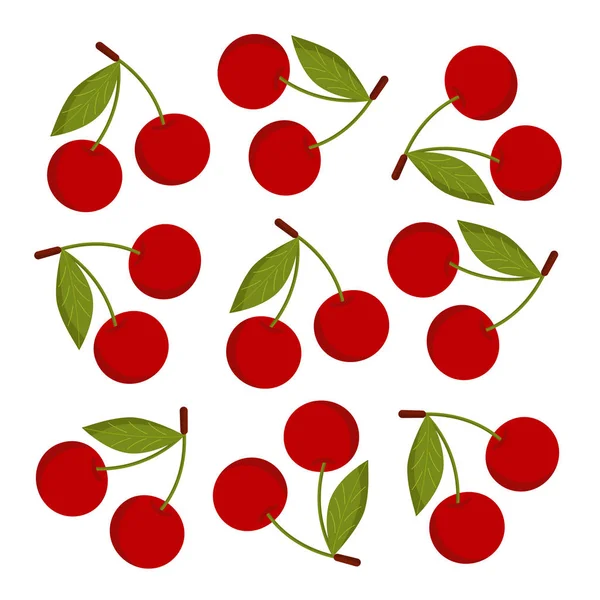Ilustración de bayas de cereza. Cerezas en tallos con hojas . — Vector de stock