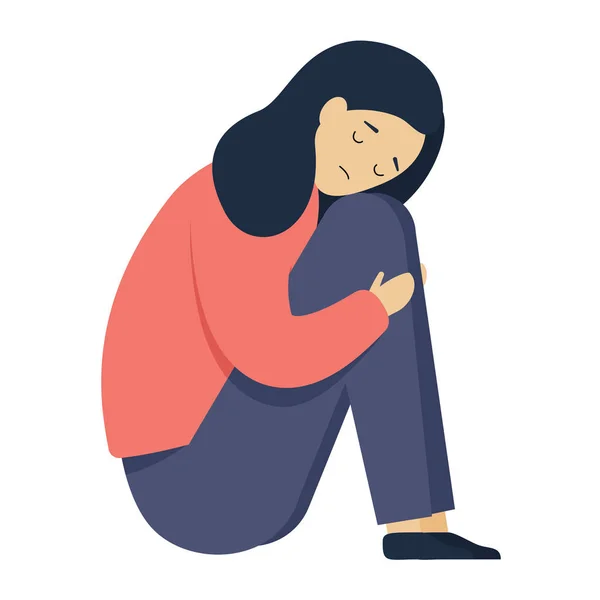 Fată tristă, femeie tânără care stă îmbrăţişându-şi genunchii şi capul în jos. Personajul de desene animate în depresie . — Vector de stoc