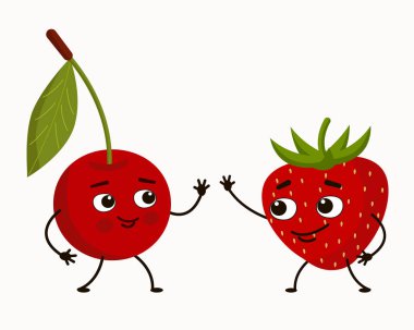Sevimli çizgi film karakterleri çilek ve kiraz. Karakterler çilek karşılamak ve birbirlerine selamlıyorum