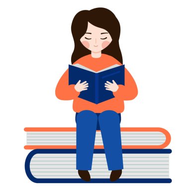 Bir kitap yığınının üzerinde oturan ve elinde açık bir kitap tutan kız. Gözlüklü genç kız kitap okuyor. 