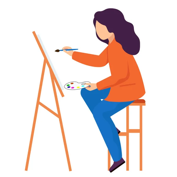 Художник держит кисть и краски. Девушка садится перед мольбертом и рисует картину. . — стоковый вектор
