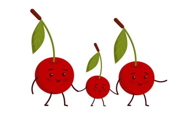 Çizgi film karakteri kiraz. Anne ve baba çocuğun elini tutuyor. Mutlu aile. 