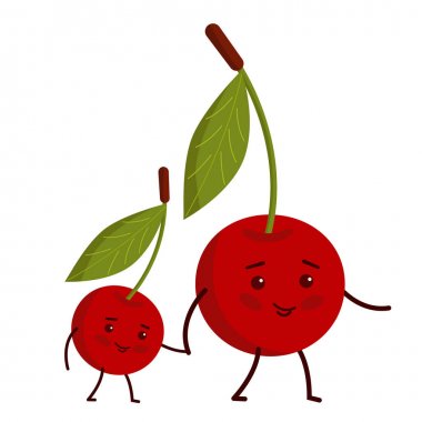 Çizgi film karakteri kiraz. Annem çocuğun elini tutar. Mutlu aile