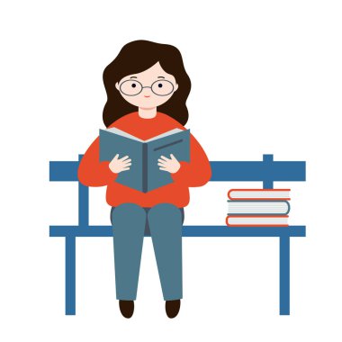 Bir bankta oturan ve kitap okuyan bir kız. Elinde açık bir kitap olan genç bir kadın. Kitap yığını