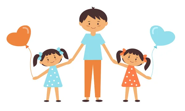 Isä ja tyttäret pitävät toisiaan kädestä, viettävät aikaa yhdessä. Pikkutytöt pitelevät ilmapalloja. — vektorikuva