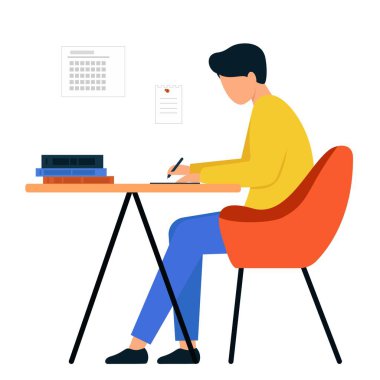 Bir adam masaya oturur ve elinde bir kalem tutar. Genç bir adam not alır. Ofisin içi..