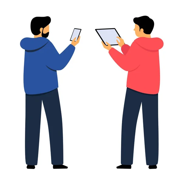 Hombres con smartphone y tablet. Los jóvenes están sosteniendo gadgets en sus manos . — Vector de stock