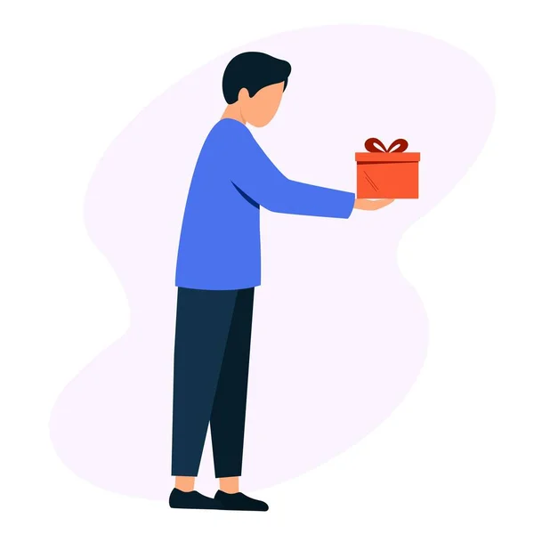 El tipo tiene una caja de regalo. Un hombre da un regalo . — Vector de stock