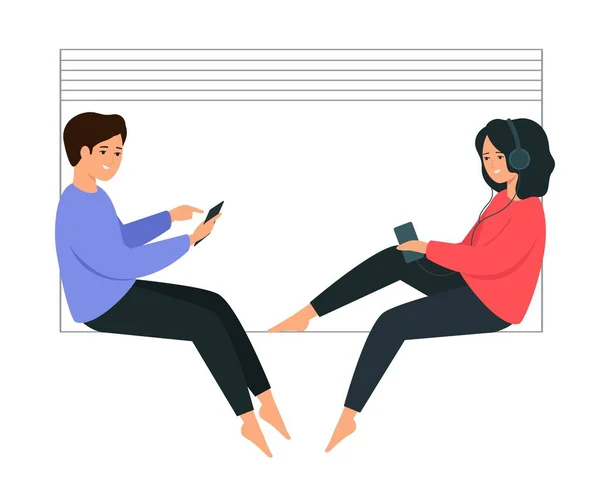 Šťastný chlap a holka sedí na parapetu. Mladý muž a žena drží v rukou smartphone. — Stockový vektor
