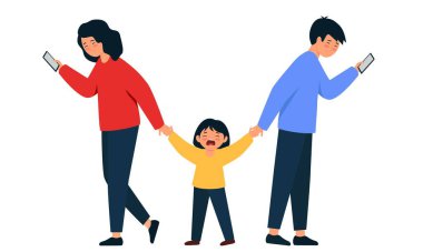 Ebeveynler çocuğu görmezden geliyor. Anne ve baba, ağlayan bir kızı ellerinden tutar..