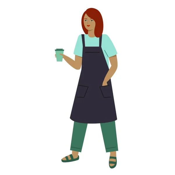 Uma jovem de avental segura na mão uma chávena de café. Barista menina . — Vetor de Stock