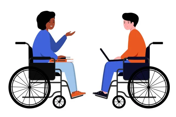 휠체어에 앉아 있는 장애인 소녀와 남자. 장애 학생 이 무릎에 교과서를 갖고 있다. — 스톡 벡터