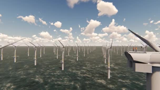 Yel Değirmeni Rüzgar Çiftliği Üst Kısmında Iki Offshore Işçi — Stok video