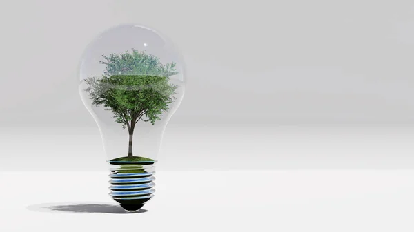 Grön Energi Med Trädet Inuti Glödlampa Rendering — Stockfoto