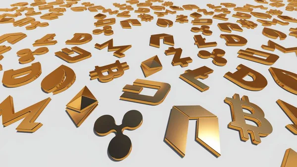 Золотые Символы Криптовалюты Рендеринг — стоковое фото