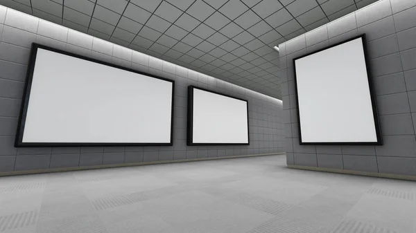 Big horizontal and vertical blank billboards in underground, 3D rendering