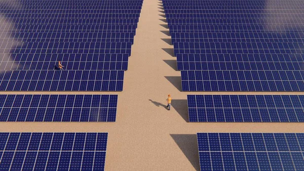 Solar power plant and two worker walking around