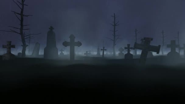 Cementerio Viejo Niebla Lluvia Noche Trueno — Vídeos de Stock