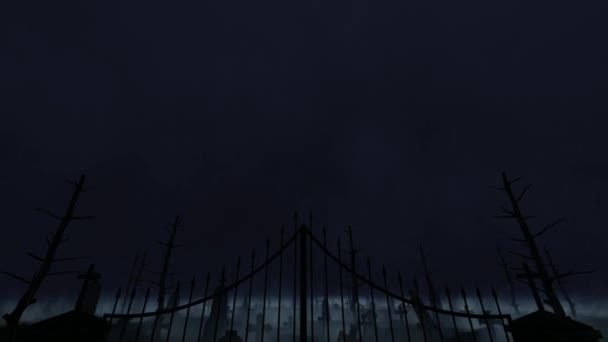 Old Graveyard Gate Fog Rain Night Thunder — Stok Video