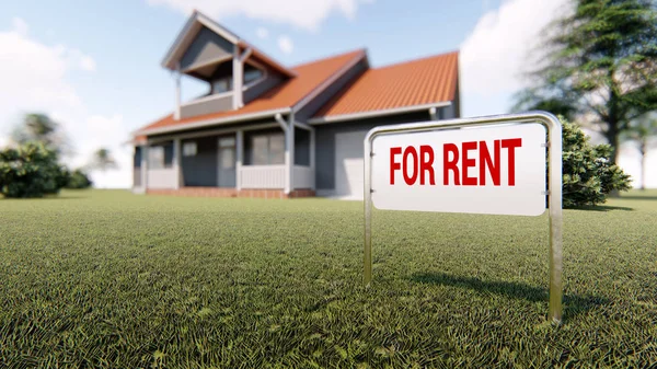 Real estate sign for rent and house in background