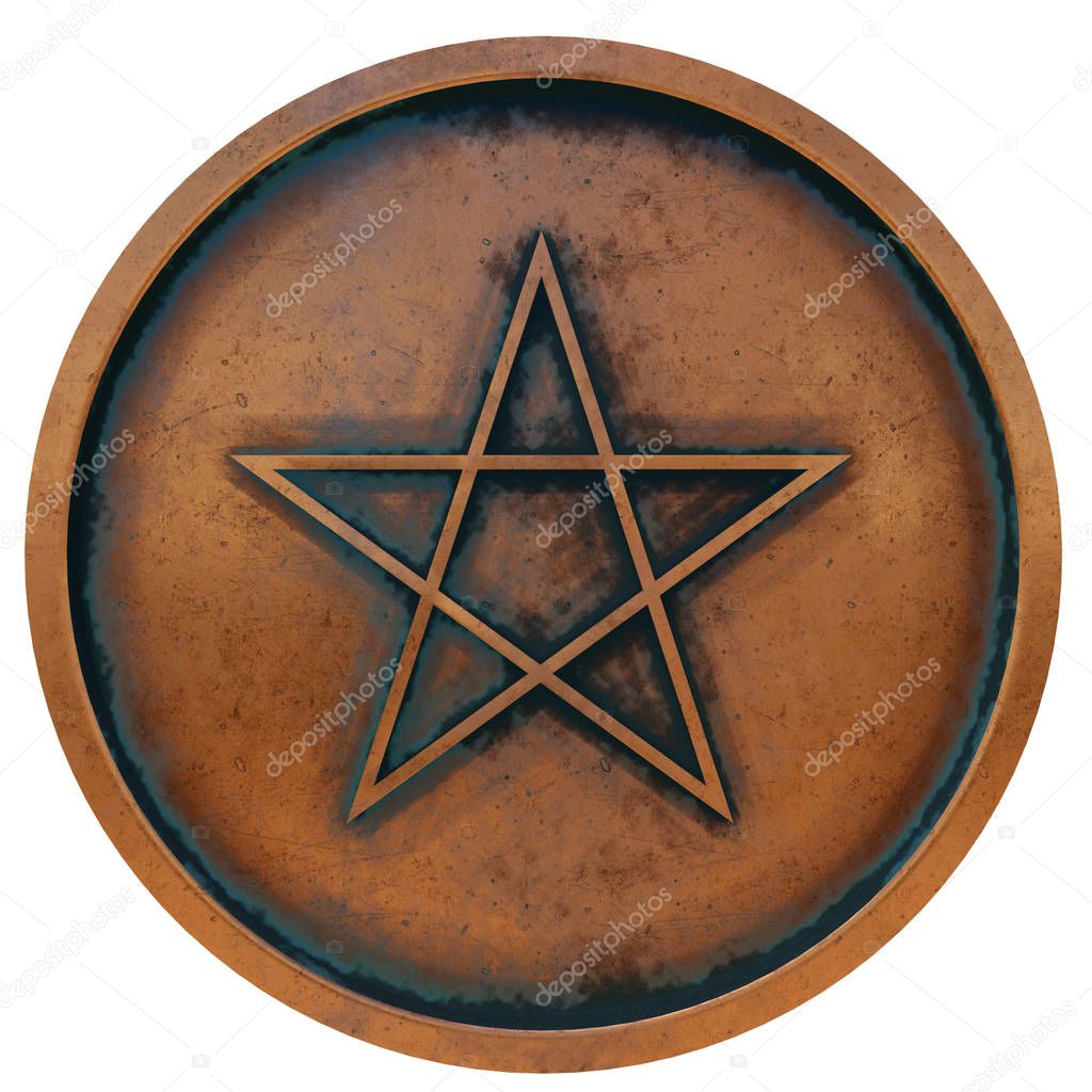 Paganism symbol on the copper metal coin 3D rendering