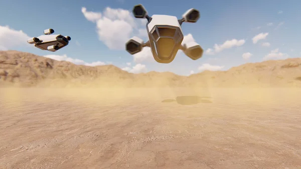 砂漠の3Dレンダリングに着陸する宇宙船のドローン — ストック写真