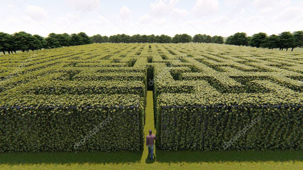 Man walking into the big labyrinth 3D rendering