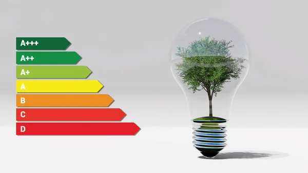 Energy efficient green tree in the bulb 3D rendering