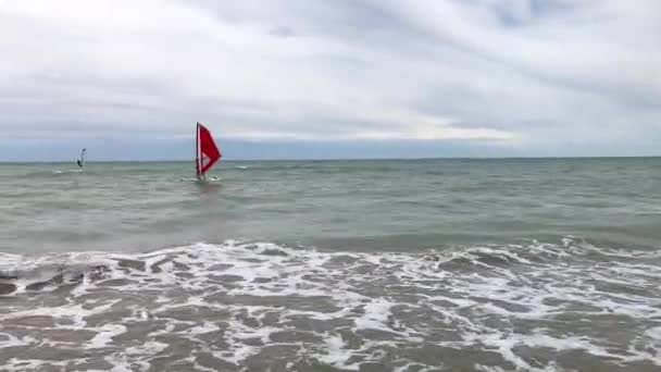 风帆落在海浪上 风帆在浮力援助上冲浪与红帆上浪落到碧水 刮风危险的日子 多云的低天 — 图库视频影像