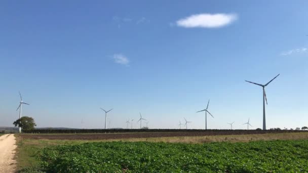 Кілька Пострілів Обертової Вітрової Турбіни Виробляють Енергію Полях Екологічне Виробництво — стокове відео