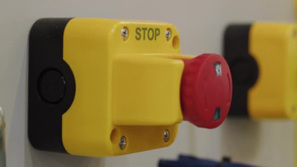 ヤシのプラスチックの赤い停止ボタンを押すと 手が緊急信号をリセットします 工業用プロセスを停止します それを後戻りアラーム ボタンを押します 工場生産の非常停止ボタン 苦痛のサイレンと赤いブザーを押す — ストック動画