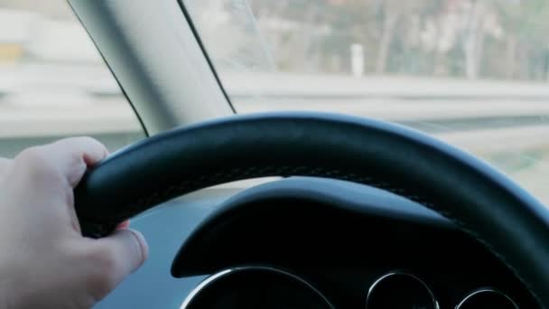 Närbild Ratten Med Händerna Bil Körning Dag Motorväg Våren Transport — Stockvideo