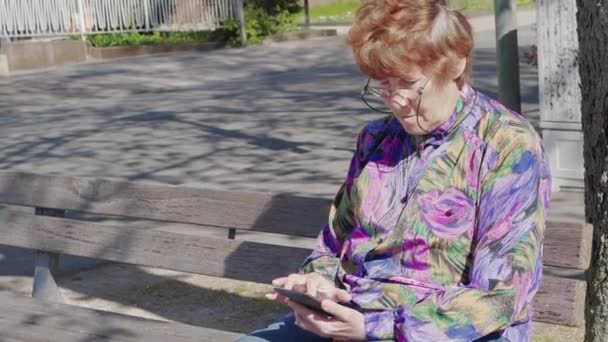 邻居们在长凳上用手机在户外 男人看着老妇人不以为然 用手机坐在她旁边 人沟通 成人关系 智能手机在手 社交网络 — 图库视频影像