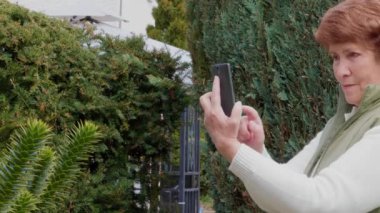 Gülümseyen yaşlı kadın bahçede fotoğraf çekiyor ve cep telefonuyla selfie çekiyor. Büyükanne parkta akıllı telefon kullanıyor. Yaşlı bayan açık havada cep telefonuyla fotoğraf çekiyor. Yaşlıların aktif yaşam tarzı, dışarıda. Yaşlı kişi gadget'ta resim çekmek