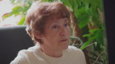 Üst düzey kadın video haberci ile konuşuyor ve yeşiller yakın işyerinde oturan düz ekran önünde internet tarama. Yaşlı bayan masada çalışıyor. Büyükanne bilgisayar teknolojisini kullanıyor. Yaşlı, kapalı aktif yaşam tarzı. Yaşlı kişi ve modern li