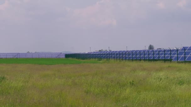 太阳能公园 带有电池板 在大风天对草场产生绿色能量 光伏电站 用于可再生能源的太阳能电池 工厂现场的替代电源 来自光伏模块的生态电力 发电厂 — 图库视频影像