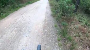 Yaz gününde orman şeridinde bisiklete binmek, ön sürücü. Yol ve yolda hareketli bisiklet ön tekerlek, yukarıdan görünümü. Hareket döngüsü çarkı. Spor, sağlıklı yaşam tarzı, ekoloji, yeşil seyahat konsepti. Kırsal yolda bisiklet