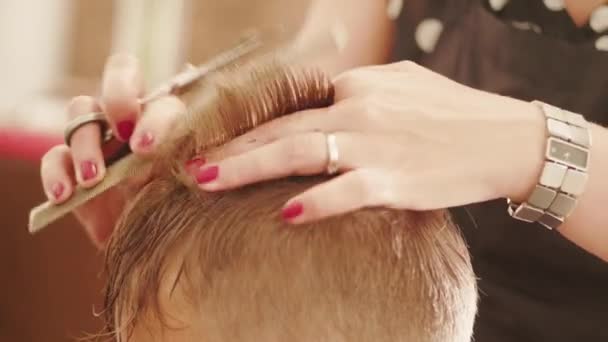 Barbiere Prendere Capelli Tra Dita Tagliarli Con Forbici Primo Piano — Video Stock