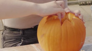 Cadılar Bayramı 'nı kutlamak için ellerim balkabağından yıldızlara tohum topluyor. İçindeki balkabağı dolgusunu çıkarıyorum. Balkabağı feneri yapmak için sebzeleri kazıyıp temizleyen kişi. Geleneksel sonbahar partisi için dekorasyon hazırlığı