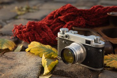 Sonbahar ruh hali natürmort: vintage rangefinder kamera, kahverengi deri kılıf, kırmızı eşarp ve kaldırımda döşeme yaprakları