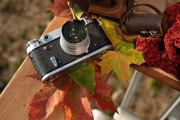 Nature Morte Humeur Automne Appareil Photo Télémètre Vintage Étui Cuir — Photo