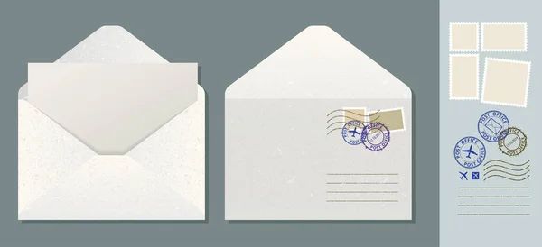Otwórz kopertę z listem. Biała koperta papieru z znaczkami pocztowymi wektor ilustracji. — Wektor stockowy